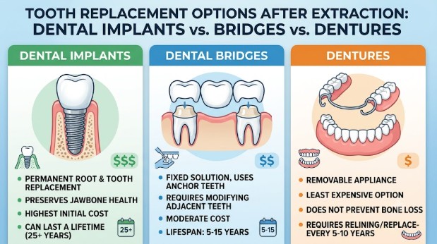 Tooth Replacement Options After Extraction: Dental Implants vs. Bridges vs. Dentures